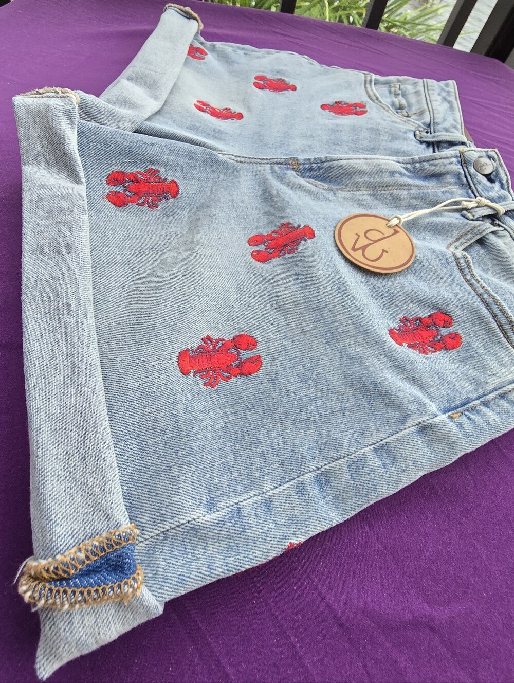 DRIFTWOOD Light Blue Denim Shorts with Red Lobster Embroidery - Picture 9 of 9